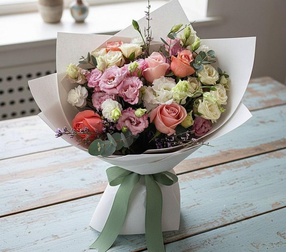 Букет цветов из: Розы, Лизиантусы и Гвоздики в Эндирее